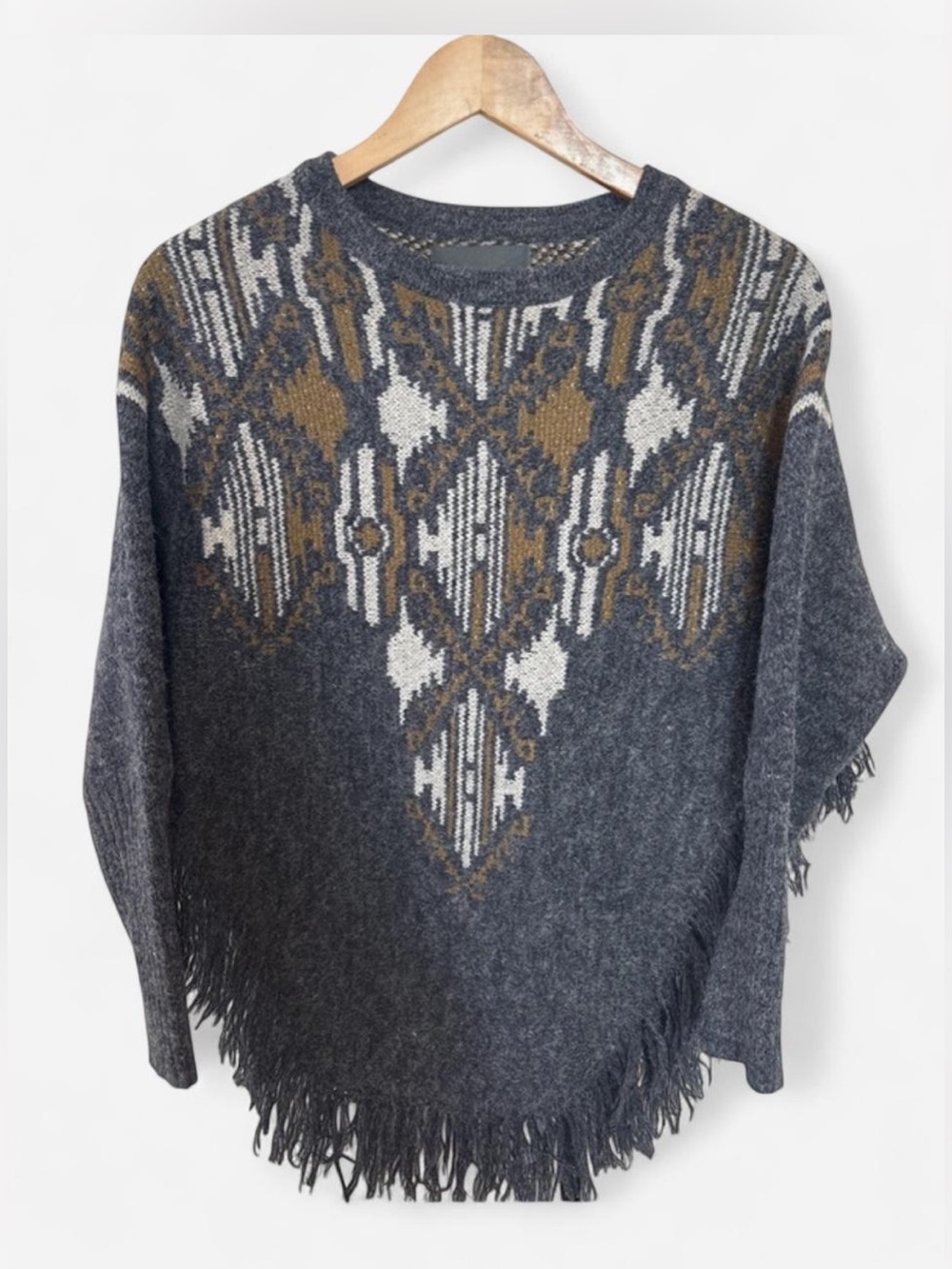Fringed Knit Poncho Sweater with Geometric Pattern - Charcoal, Mustard, Cream